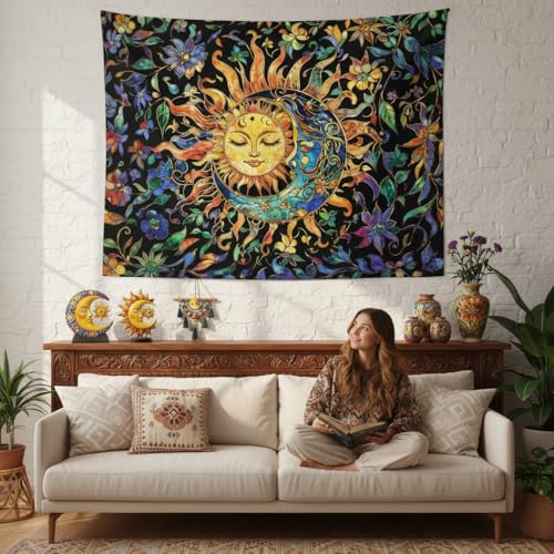 Sun and Moon Tapestry for Bedroom Boho Hippie Floral Wall Tapestry Aesthetic Vintage Stained Glass Plant Small Tapestries Wall Hanging for Living Room Dorm 60 x 44 Inch