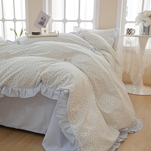 Twin XL Comforter Set Blue Floral Bedding Comforter Fluffy Soft Microfiber Cottagecore Bedding Set Floral Ruffle Comforter with 2 Pillowcases Cute Flower Botanical Comforter Set for Teen Girls (3 Piece Set)