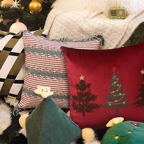 Christmas Tree Pillow Covers 18x18 Inch Red Embroidered Tree Throw Pillows for Holiday Decorations