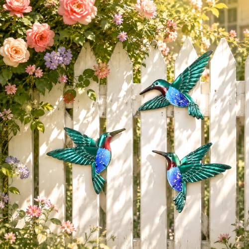 Metal Hummingbird Wall Art 8 inch Metal Birds Wall Sculpture Garden Decoration Outdoor Statue Hand (3 Count)