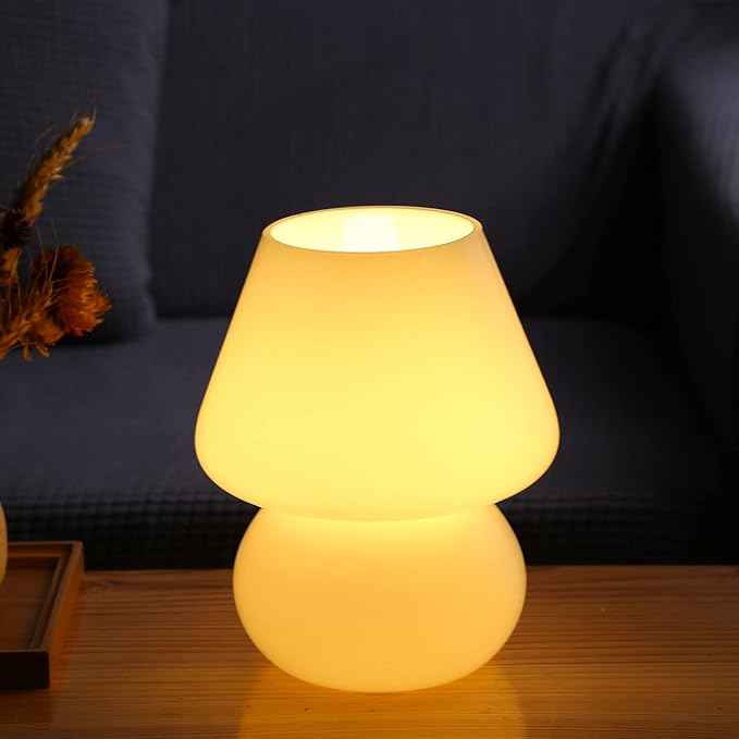 Mushroom lamp,Glass Mushroom Bedside Table Lamp Translucent Murano Vintage Style Striped Small Nightstand Desklamp Swirl Light for Home Decor, Dining, Living, Bedroom, Gift (Matte White)