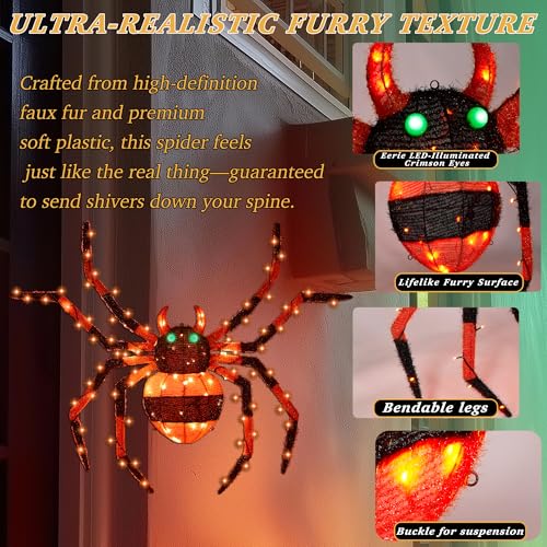 1 Piece】 4.6Ft Giant Spider Halloween Decorations Outdoor 55" Light Up Spider with 90 LED Lights for Front Yard (ZZ-006)