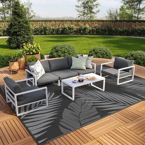 Outdoor Rug Waterproof Plastic Rugs 9'x18' for Camping Black Grey