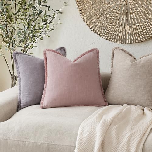 Decorative Linen Fringe Throw Pillow Covers 20×20 Inch (2 Count)
