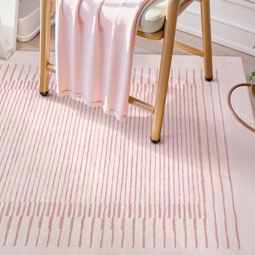 Washable Pink Striped Rug for Bedroom 8x10