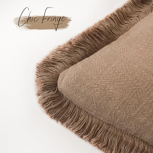 Decorative Linen Fringe Throw Pillow Covers 16×16 Khaki Brown (2 Count)