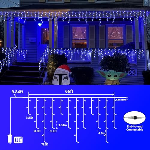 Blue and White Icicle Lights for Outside (66 Foot)