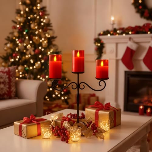 Red Glass Flameless LED Candles Battery Operated with Remote Timer (3 Count)
