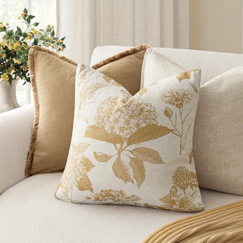 Set of 2 Linen Floral Vintage Throw Pillow Covers Neutral Accent Print Decorative Cozy Cushion Covers Farmhouse Home Decor for Sofa Chair Couch Bed Living Room