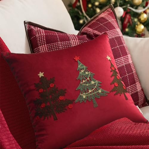 Christmas Tree Pillow Covers 18x18 Inch Red Embroidered Tree Throw Pillows for Holiday Decorations