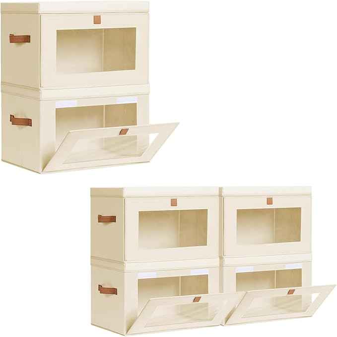 Foldable Decorative Organizers with Clear Windows & Handles, Collapsible Decorative Boxes with Lids, Fabric Containers for Living Room, Dorm, Beige