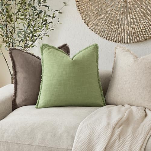 Decorative Linen Fringe Throw Pillow Covers 24×24 Lime Green (2 Count)