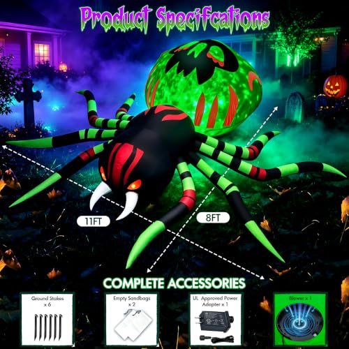 11FT Halloween Inflatables Spider Outdoor Decorations for Yard (Green)