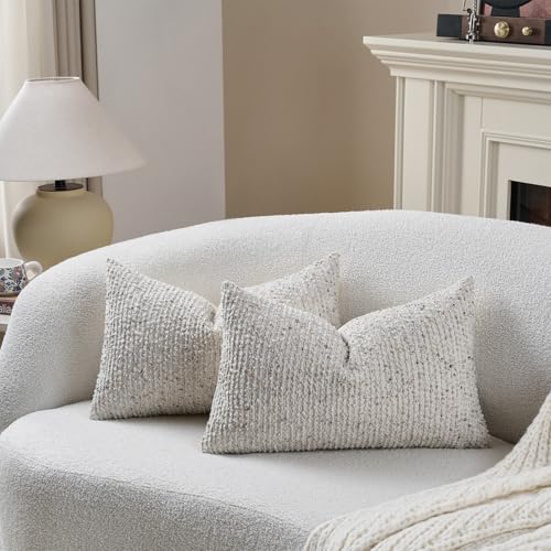 Striped Throw Pillow Covers 12x20 Set of 2 Cream Grey Textured Boucle Chic Morden Boho Accent Farmhouse Rectangular Lumbar Decorative Couch Pillow Covers for Home Decor Bed Sofa Living Room (2 Count)