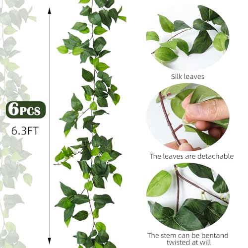 6Pc Fake Vines Artificial Ivy Garland Silk Pothos Leaf Plants 6.3Ft (37.8 Foot)