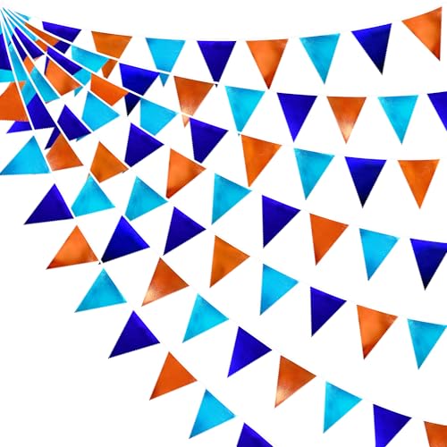 Orange Blue Party Decorations Metallic Fabric Triangle Pennant Flag Bunting Banner Garland for Birthday Baby Shower Graduation Bridal Shower Wedding Bachelorette Engagement Space Theme Party Supplies (36 Count)