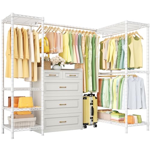 E10L L Shaped Clothes Rack for Corner（With Expandable Hanger Rod）Heavy Duty Freestanding Clothing Racks for Hanging Clothes