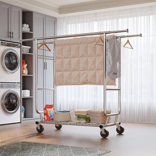 Heavy Duty Clothes Rack 650LBS Double Rods with Shelf Collapsible