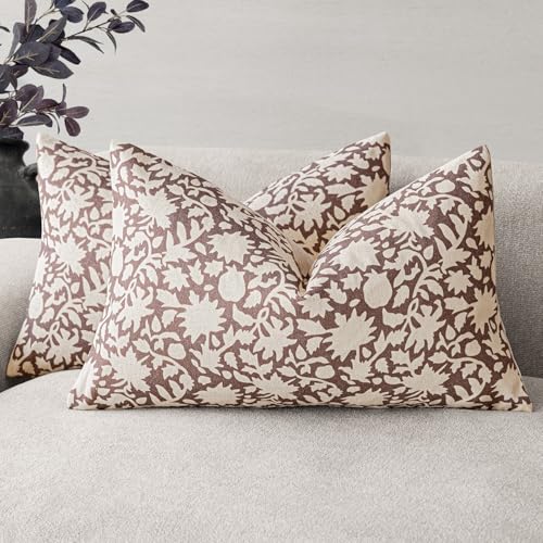 Set of 2 Decorative Neutral Floral Throw Pillow Covers Accent Farmhouse Cushion Covers Boho Lumbar Pillowcase for Couch Sofa Bedroom Living Room Home Decor (2 Count)
