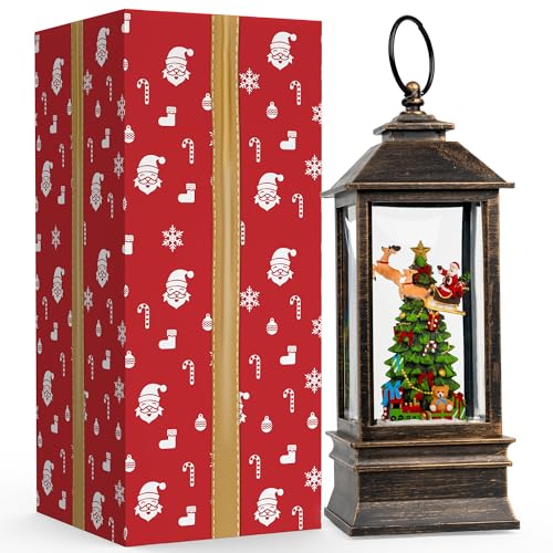 10'' Musical Snow Globe Lantern Lighted Christmas Tree and Flying Santa Water Lantern Swirling Glittering Home Decoration and Gift