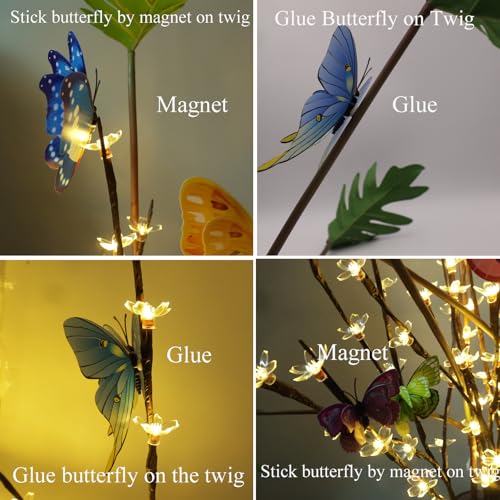 60 LED Battery Lit Stems Flowers Butterfly Branch for Window Vase Decor