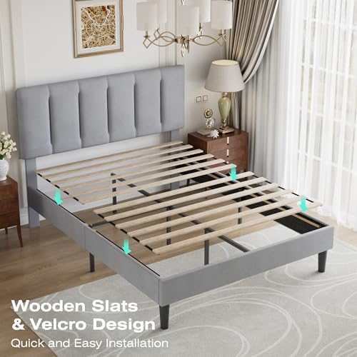Queen Size Bed Frame with Upholstered Headboard