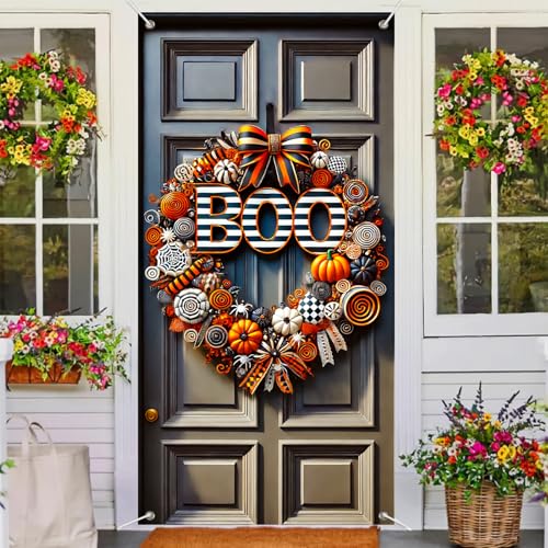 Halloween Door Cover Spiders Swirl Ribbon 35x71 Inch Polyester