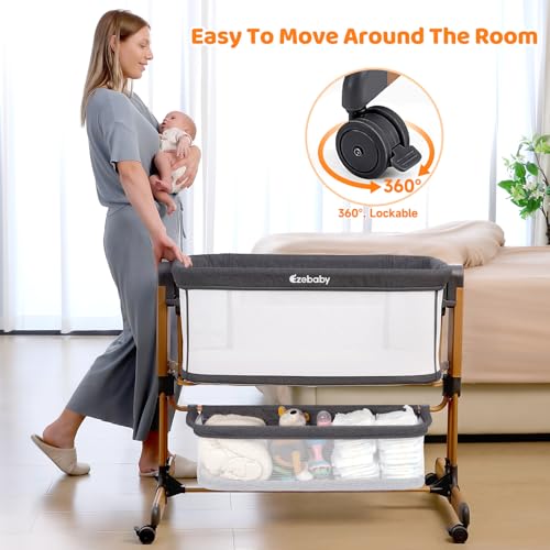 3-in-1 Baby Bassinet, Rocking Baby Bassinets Bedside Sleeper, Adjustable Portable Crib for Newborn Infant with Wheels Storage Basket and Mesh Sides