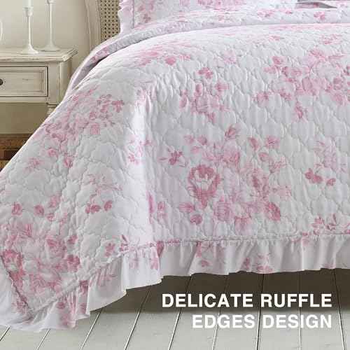 Pink Ruffled Quilt King Size with 2 Pillow Shams