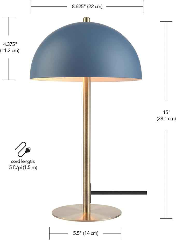 Globe Electric 52942 15" Blue Desk Lamp with Brass Accents, in-Line On/Off Rocker Switch, Ideal for Bedroom, Office Decor, Home Essentials, Reading Light, LED Bulb Compatible