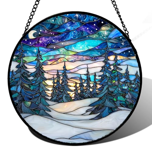 Aurora Winter Forest Stained Glass Window Hanging Suncatcher Gifts 15"