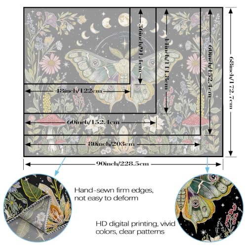 Boho Vintage Moth Luna Botanical Floral Tapestry 48 x 36 Inch