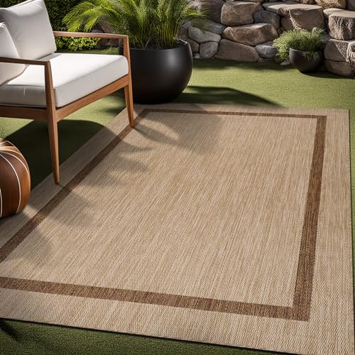 Bordered Outdoor Rug 9x12 Washable Outside Carpet for Indoor Patio Porch Waterproof Easy Cleaning Non Shedding Area Rugs Jute Beige