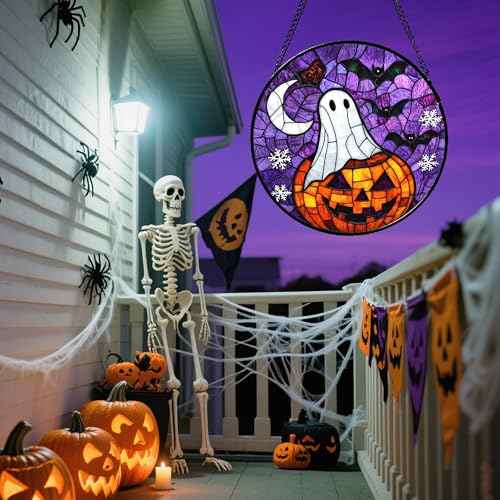 Stained Glass Window Hanging Halloween Horror Pumpkin 11.8"