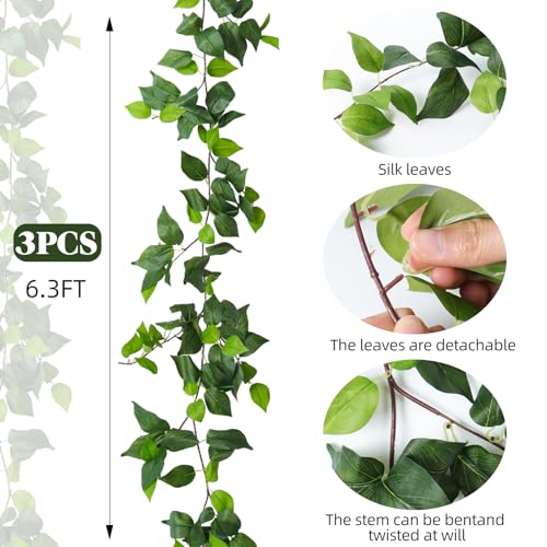3Pc Fake Vines Artificial Ivy Garland Silk Pothos Leaf Plant 6.3Ft (18.9 Foot)