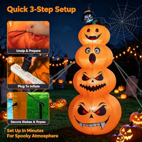 8FT Halloween Inflatable Stacked Pumpkins with Black Cat & LED Lights (Orange)