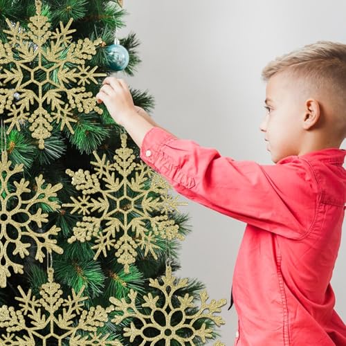 6pcs Large Gold Snowflakes Ornaments 12" Big Plastic Glitter Snowflake for Winter Indoor Outdoor Christmas Tree Window Room Decorations Giant Craft Snowflakes (6 Count)