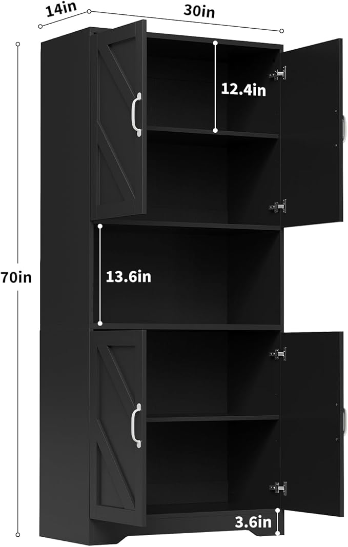 IDEALHOUSE 70" Kitchen Pantry Storage Cabinet, Farmhouse Kitchen Hutch Cabinet with 4 Doors & 2 Adjustable Shelves, Freestanding Cupboard with Microwave Stand for Dining Room,Living Room,Black