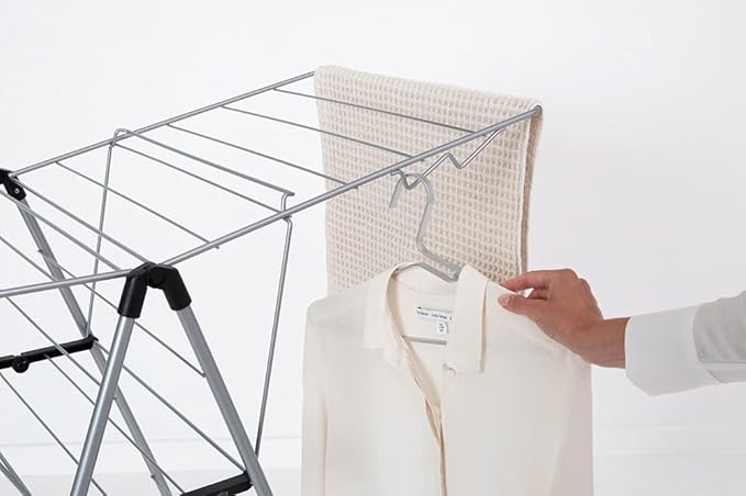Brabantia HangOn Compact Clothes Drying Rack | 49ft (15m) | Metallic Gray | Small Indoor Clothes Airer Laundry Stand with 2 Fold-out Wings & Hanger Hooks, Folds Flat, Ideal for Condos | Fits Full Load