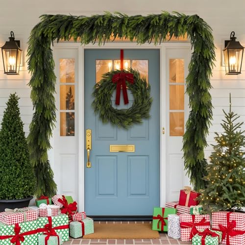 6FT Christmas Norfolk Pine Garland Real Touch Pine Artificial Faux Greenery Garlands Winter Christmas Garland for Table Mantle Fireplace Holiday Indoor Outdoor Xmas Decorations (6 Count)