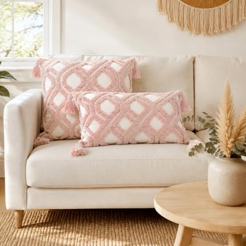 Boho Throw Pillow Covers 18x18 Tufted with Tassles