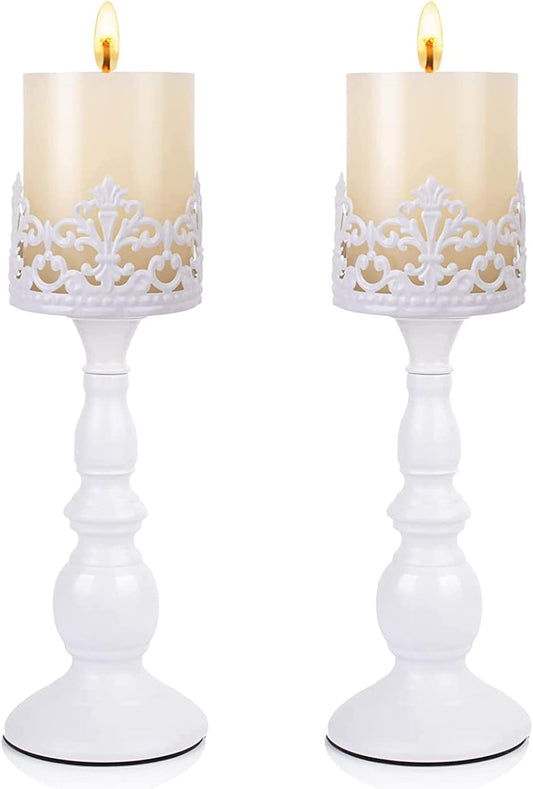 Candle Holders for Pillar Candles Gothic Matte Black Vintage Tall Candle Holders Set of 2 Decorative Large Table Centerpieces Candle Stand Decor (White 2PCS A)