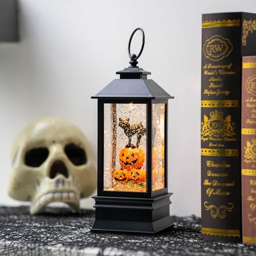 Halloween Snow Globe Lantern Water Glittering Spooky Witch' s Black Cat in Pumpkins with Music