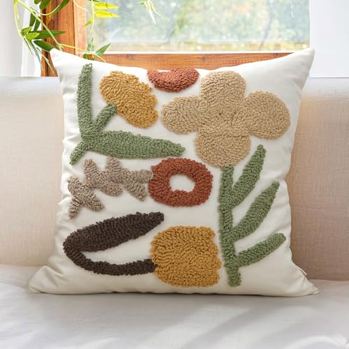 Boho Throw Pillow Covers 18x18 Tufted Fall Floral for Sofa Bed