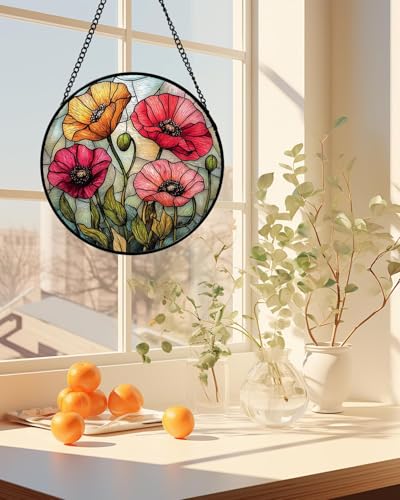 Poppy Flower Stained Glass Window Hanging Suncatcher Gifts for Women 15"