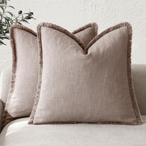 Decorative Linen Fringe Throw Pillow Covers 18×18 Dusty Pink (2 Count)