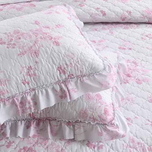 Pink Ruffled Quilt King Size with 2 Pillow Shams