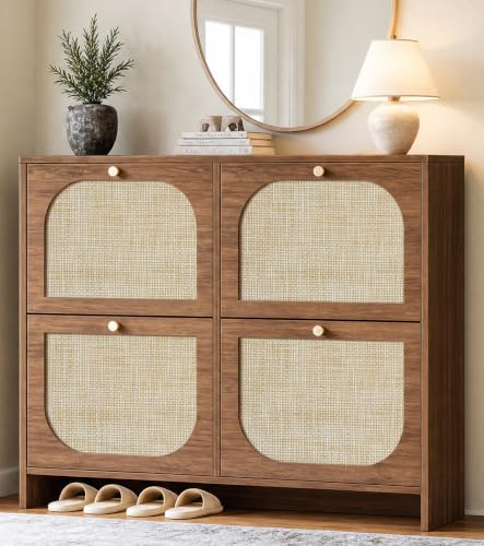 Freestanding Ultra Slim Arched Rattan Accent Shoe Storage Cabinet for Entryway