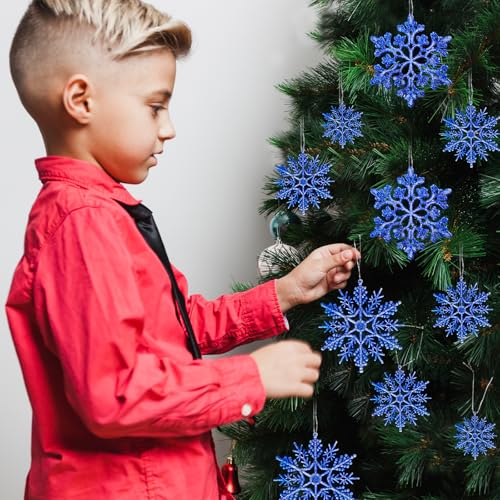 Christmas Tree Decorations Snowflake Ornaments 36Pcs Blue Silver Glitter Plastic Hanging Snowflakes from Ceiling Snow Flakes Decorating Hanging for Winter Wonderland Decorations Indoor Outdoor Decor (36 Count)