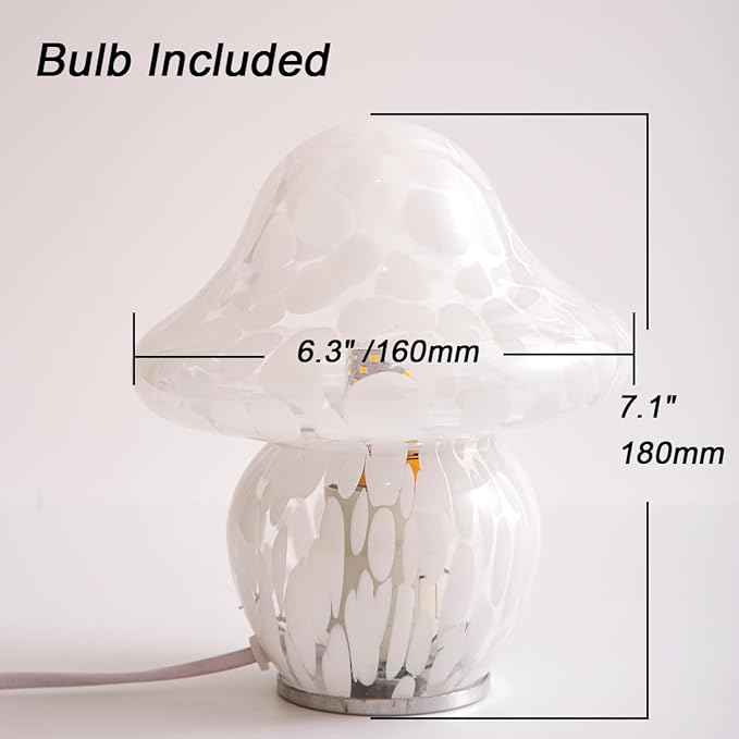 Mushroom Lamp Glass Mushroom Table Lamp for Bedrooms, Living Room, Aesthetic Lamps for Bedroom, Cute Bedside Lamp（White Dot）
